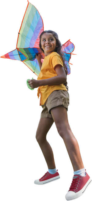 Happy girl in yellow t-shirt and kaki shorts launching a kite