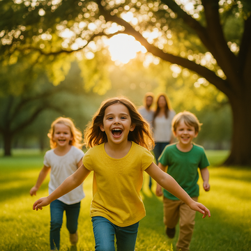 A close-up of an adult hand gently holding a child's hand, set against a warm, sunlit background. The image conveys a sense of protection, care, and trust.