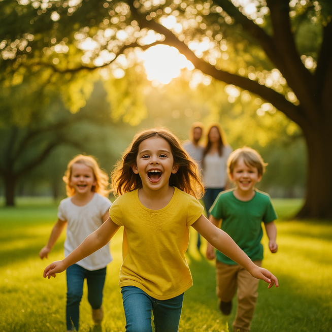 A close-up of an adult hand gently holding a child's hand, set against a warm, sunlit background. The image conveys a sense of protection, care, and trust.