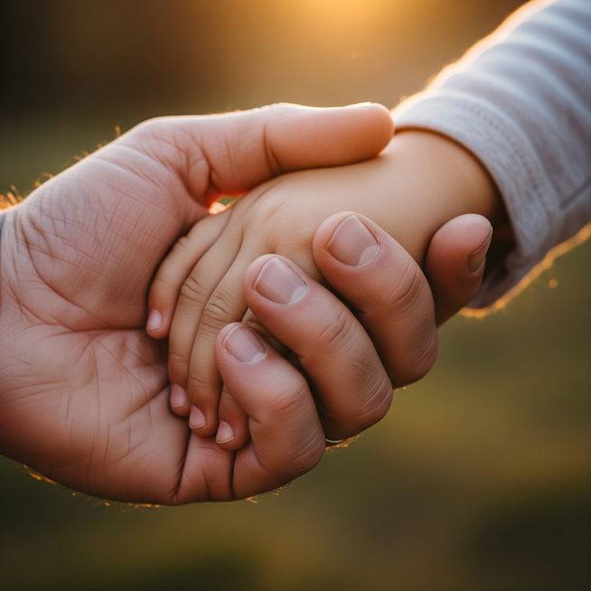 A close-up of an adult hand gently holding a child's hand, set against a warm, sunlit background. The image conveys a sense of protection, care, and trust.